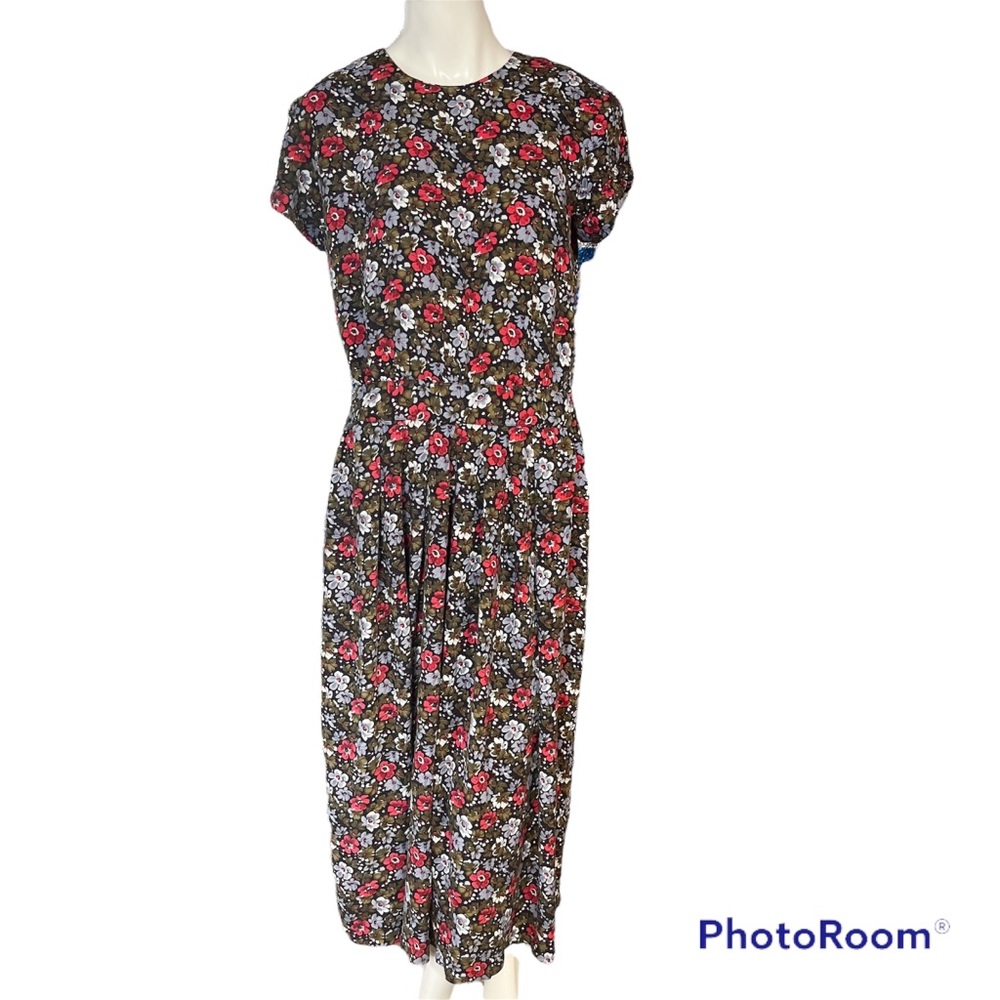 Vintage 80s Dress Womens size 8 Black Red Floral Long Maxi Spring Modest